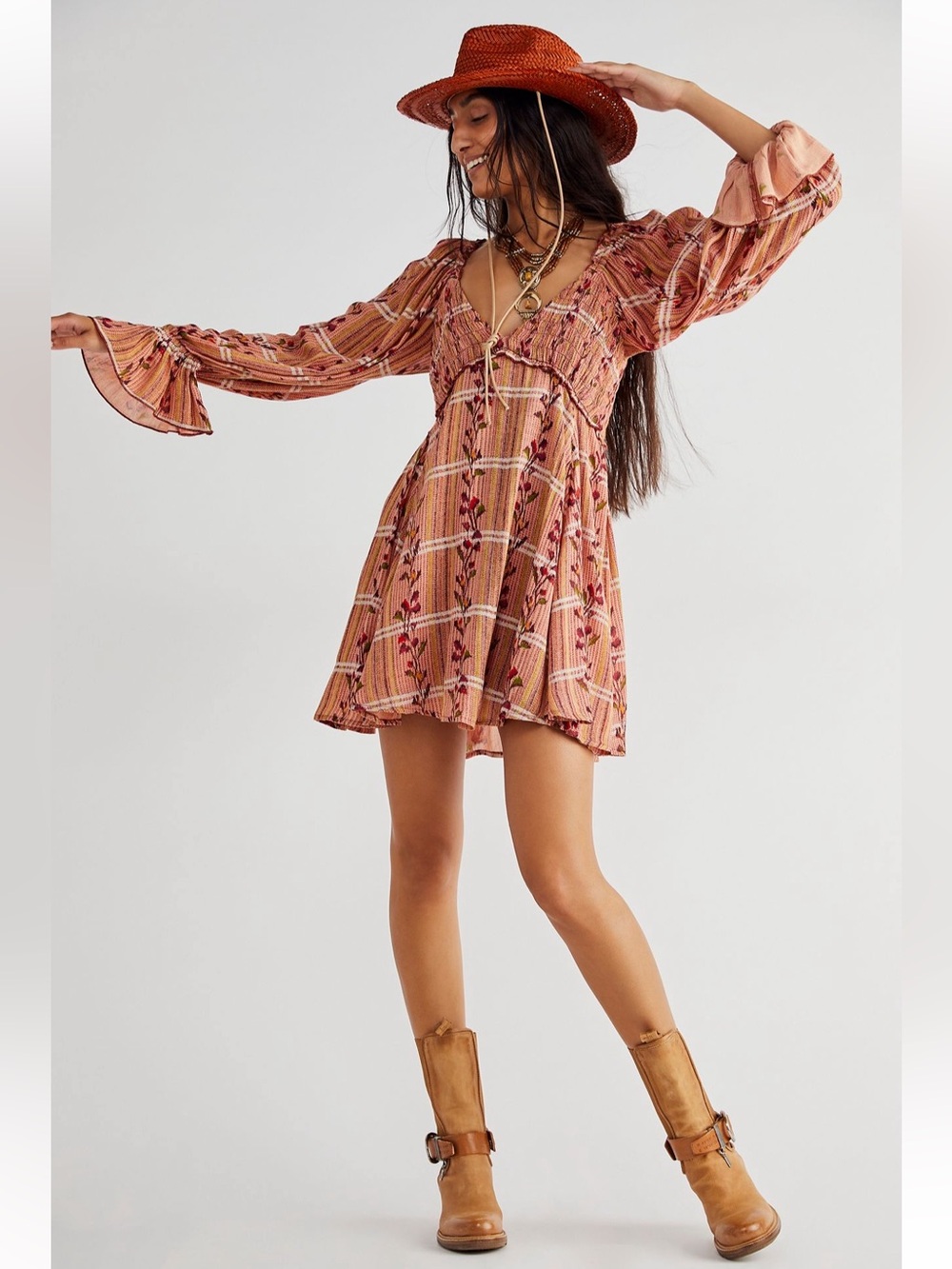 Free People Jackie Mini Dress M Rust Floral Plaid Boho NWOT